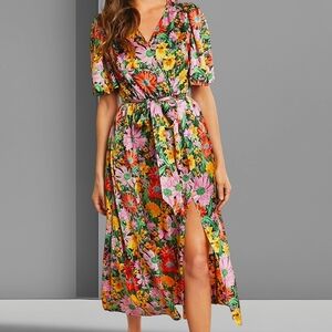 Multicolor Floral Print Butterfly Sleeve Belted Wrap Dress, Size 12 (XL)